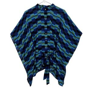 Chaus Blouse Womens Small Blue Green Plaid Stripe Button Front Tie Waist Top